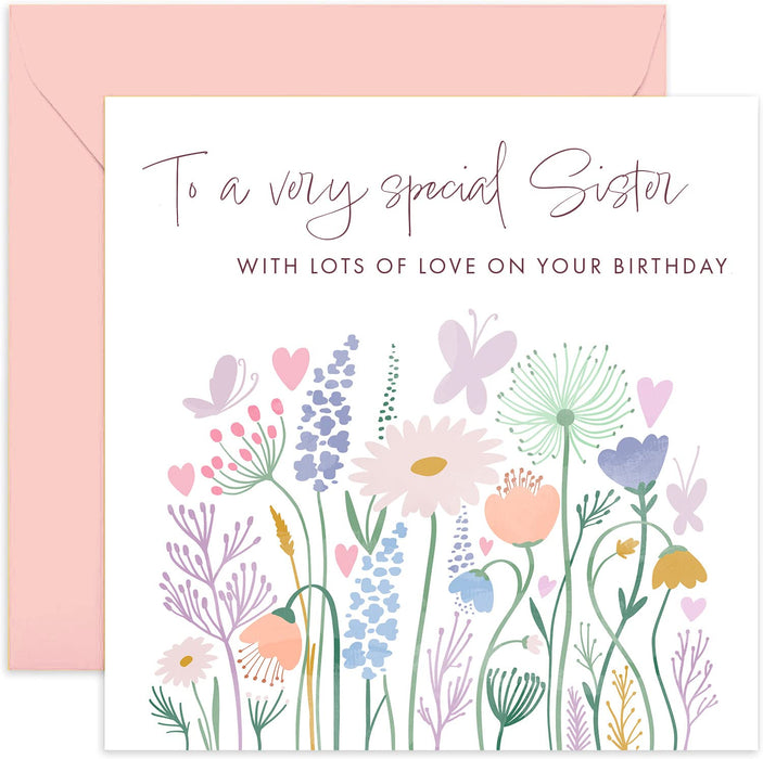 Old English Co. To A Very Special Sister Birthday Card - Flower Butterfly Heart Meadow Happy Birthday Card from Siblings, Brother, Sister | Cute Sweet Pastel Design | Blank Inside & Envelope Included