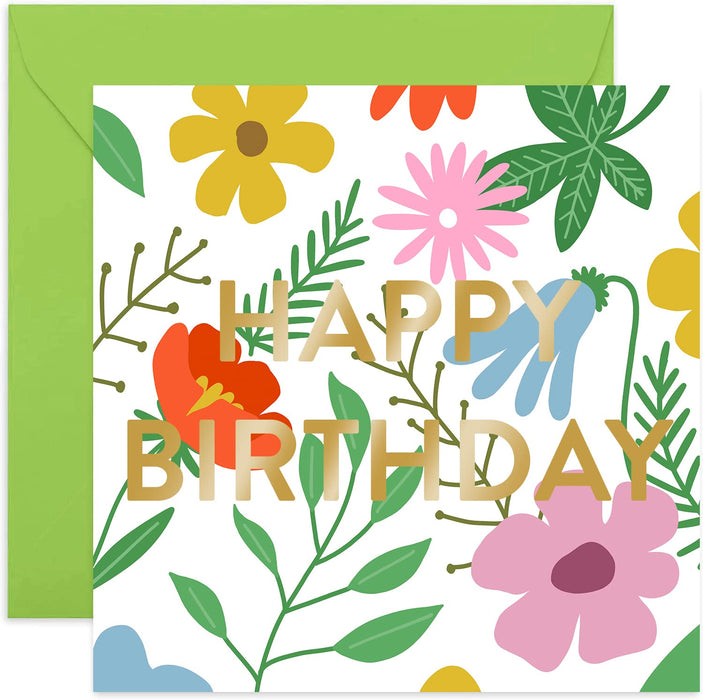 Old English Co. Wild Flower Meadow Happy Birthday Card - Gold Foil Vivid Green Foliage Greeting Card for Him or Her | Stylish for Friends and Family | Blank Inside & Envelope Included