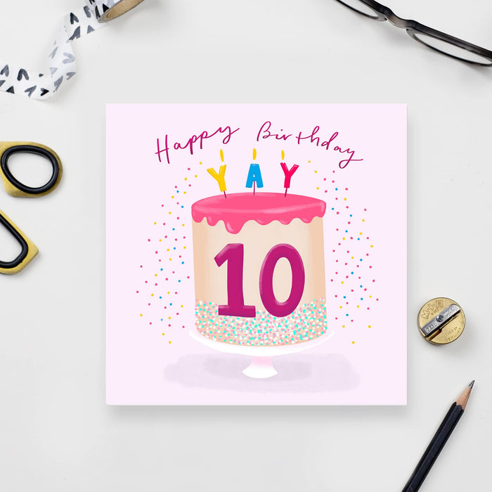 Old English Co. Pink Cake 10th Birthday Card - Girl Tenth Birthday Card | Daughter, Grandaughter, Niece | Blank Inside & Envelope Included