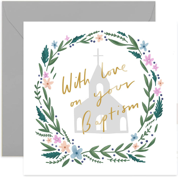 Old English Co. With Love Baptism Card - Gold Foil Square Religious Card | First Communion, Baptism, Christian, Confirmation | Blank Inside & Envelope Included