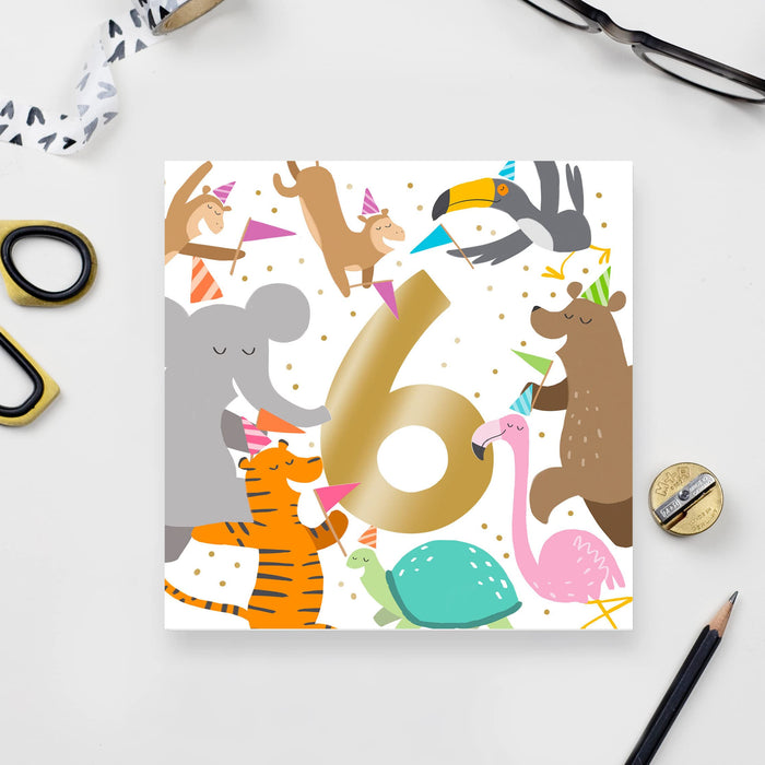 Old English Co. Party Animals 1st Birthday Card - Gold Foil Square Zoo Birthday Card for Boys and Girls | For Son or Daughter | Blank Inside & Envelope Included (5th)