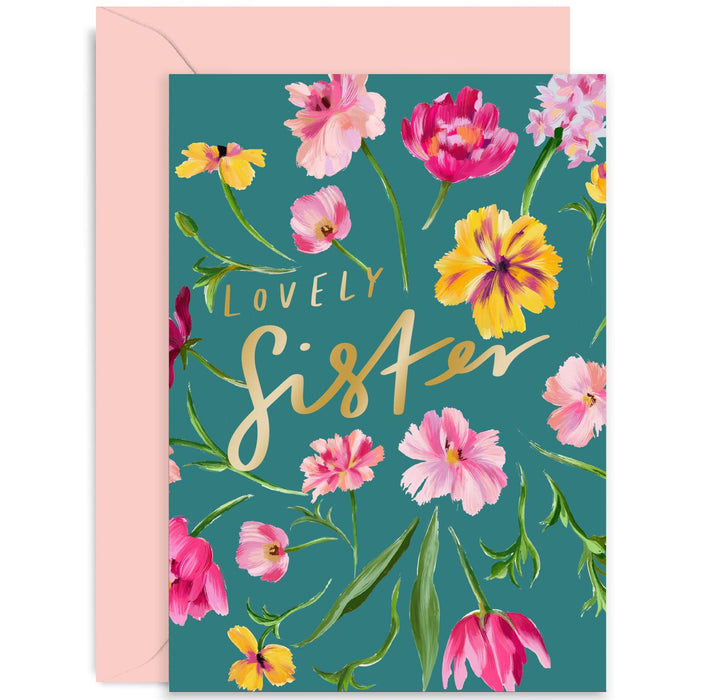 Old English Co. Lovely Sister Birthday Card for Her - Cute Gold Foil Flower Card for Sister from Sibling - Birthday Card for Women | Blank Inside with Envelope