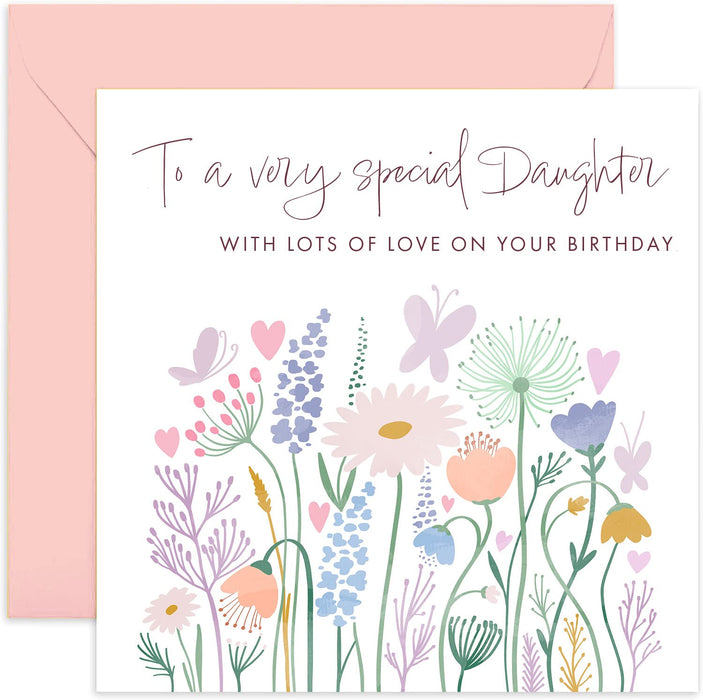 Old English Co. To A Very Special Daughter Birthday Card - Flower Butterfly Heart Meadow Happy Birthday Card from Parents, Mum, Dad | Cute Sweet Pastel Design | Blank Inside & Envelope Included