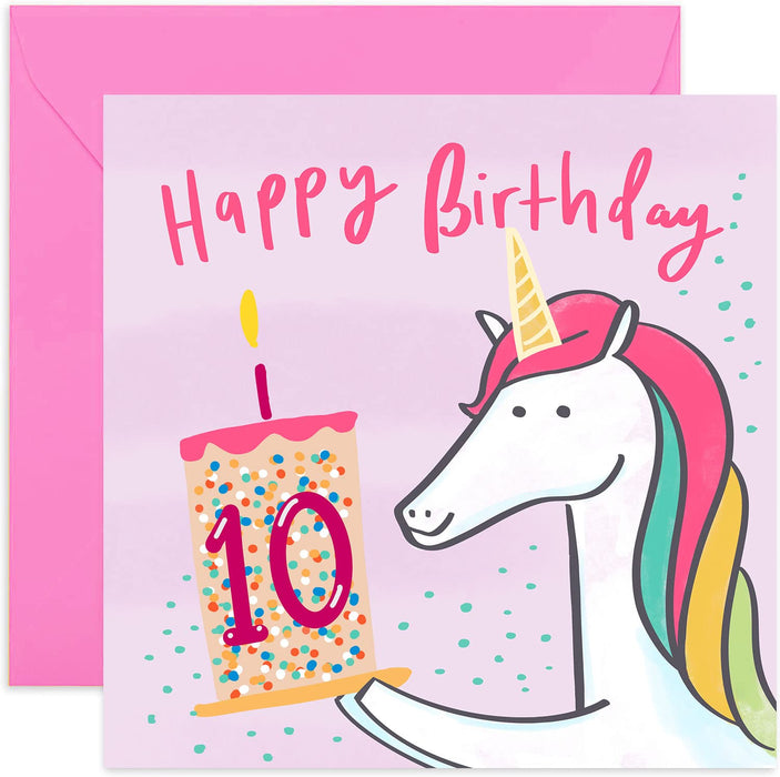 Old English Co. Happy 10th Unicorn Birthday Card - Square Tenth Birthday Wishes Card | Suitable for Baby, Son, Daughter, Child | Blank Inside & Envelope Included