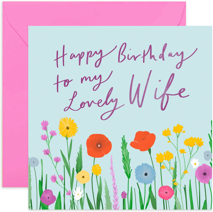 Old English Co. Happy Birthday To My Lovely Wife Birthday Card - Flower Meadow Illustrated Design for Her | Special Card for Other Half | Blank Inside & Envelope Included